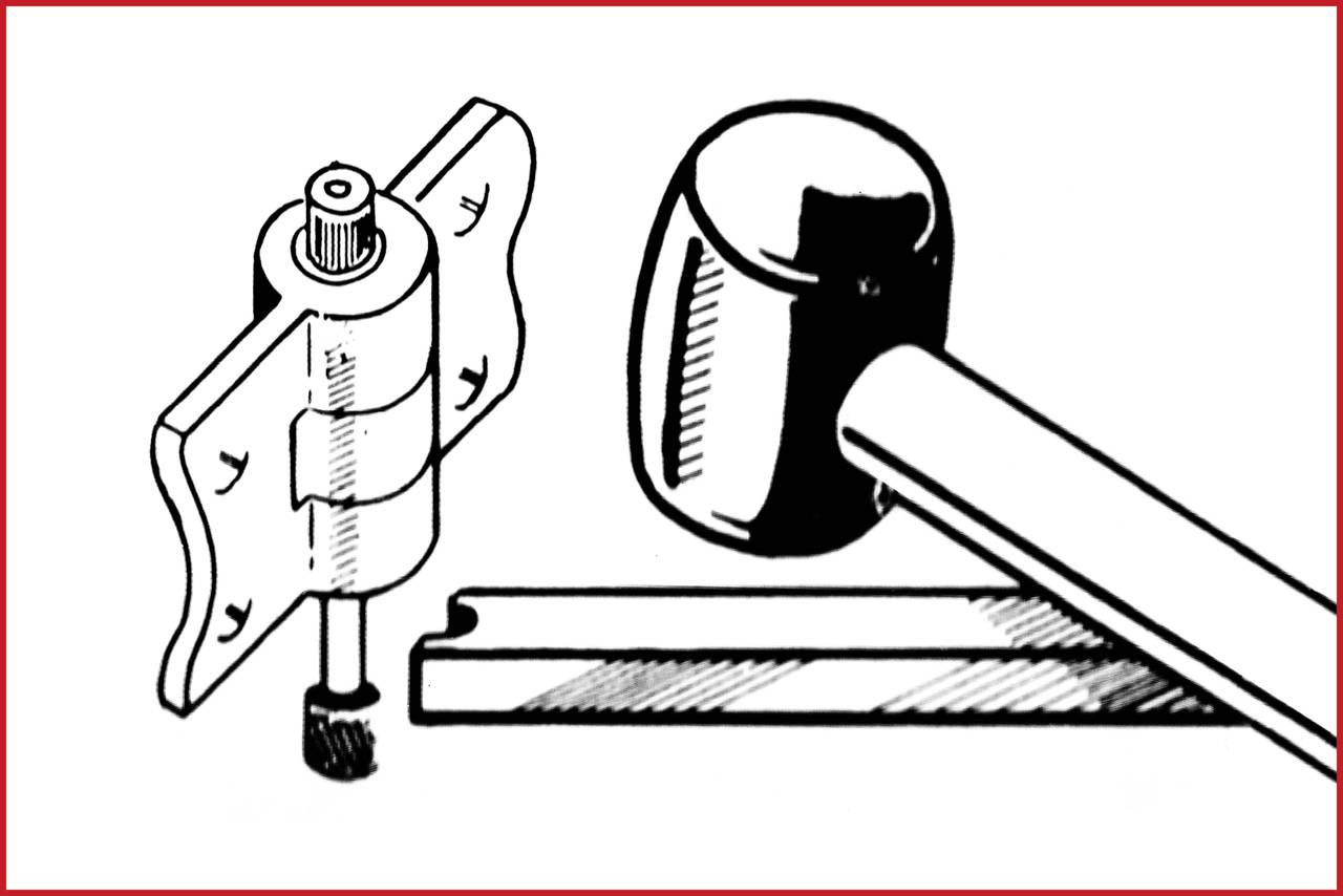 Schwarz-weiß Zeichnung von einem Schraubmechanismus, Hammer und Holzbalken. Werkzeug für handwerkliche Arbeiten.