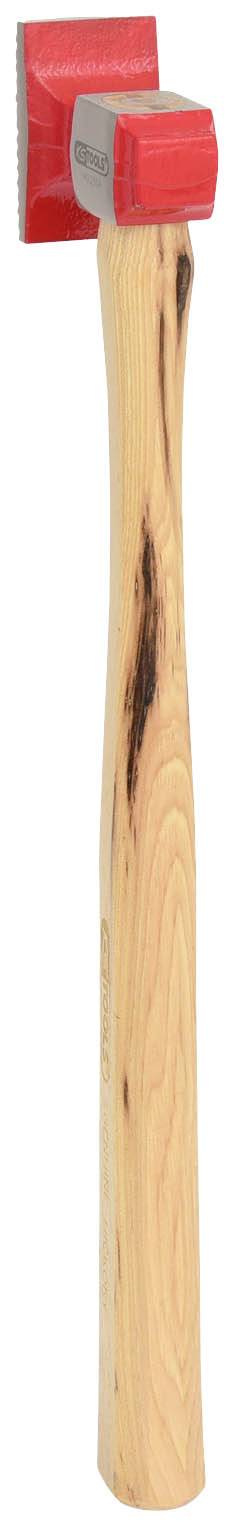 Ein Hammer mit einem Holzgriff und einem roten Kopf liegt schräg. Geeignet für handwerkliche Arbeiten.