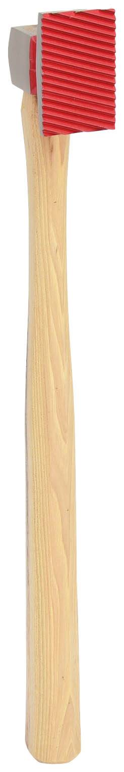 Holzgriff-Stampfer mit roten Gummizacken, verwendet zum Andrücken von Materialien oder zum Erzeugen von Texturen.