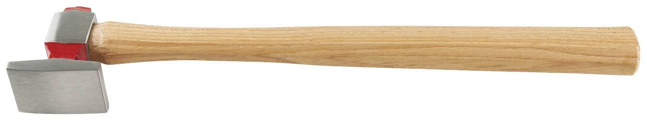 Ein Hammer mit einem schweren Metallkopf, rotem Element und einem langen Holzgriff.