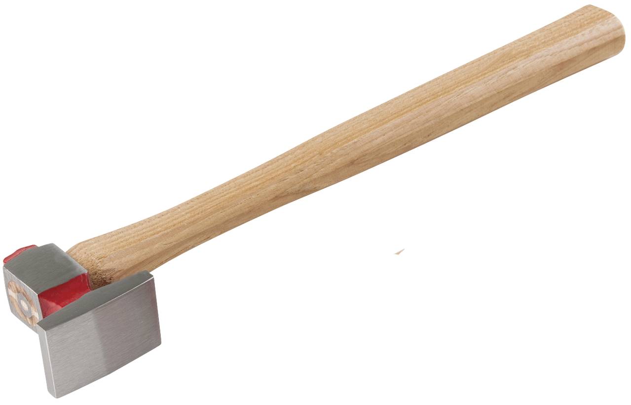 Holzhammer mit Edelstahlkopf und rotem Akzent, schräg liegend. Ideal zum Spalten von Holz.
