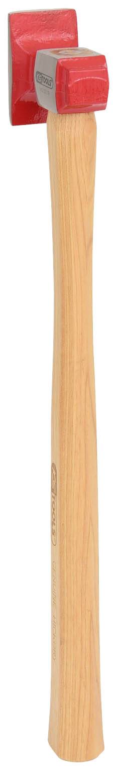 Ein Hammer mit rotem Kopf und Holzstiel zeigt senkrecht nach oben.