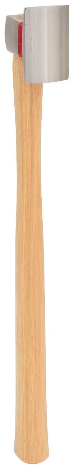 Holzaxt mit Holzgriff und silbernem Kopf, stehend dargestellt.