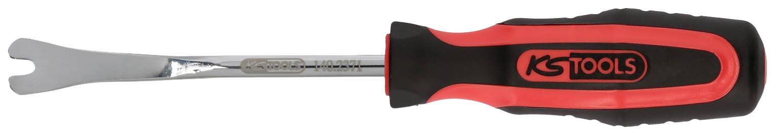 Ein schwarzer und roter Schraubenzieher der Marke 'KS Tools' mit flachem, gegabeltem Kopf liegt horizontal.