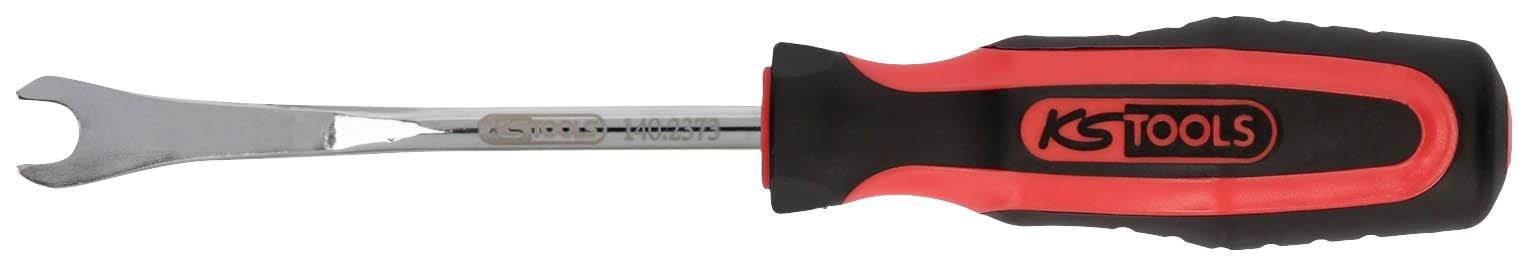 Ein schwarz-rotes Werkzeug mit ergonomischem Griff und geteilter Metallklinge, wahrscheinlich ein Werkzeug zum Entfernen von Verkleidungen oder Clips.