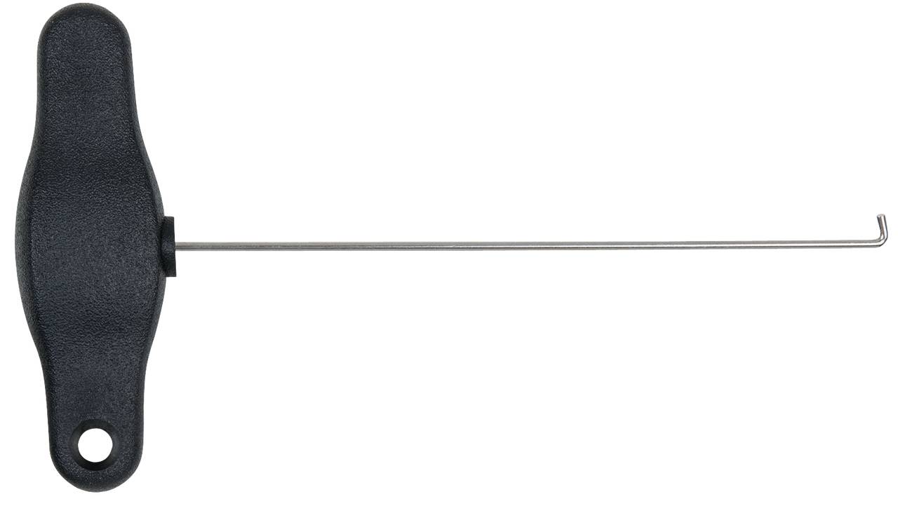 Ein Werkzeug mit einem schwarzen Griff und einem langen, schmalen Metallstab mit einem Haken am Ende, möglicherweise zum Öffnen von Gegenständen geeignet.