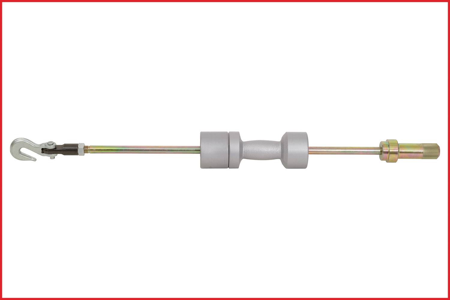 Ein langer, metallischer Zughammer mit Griff und Haken, verwendet für Karosseriearbeiten zum Herausziehen von Dellen und Beulen.