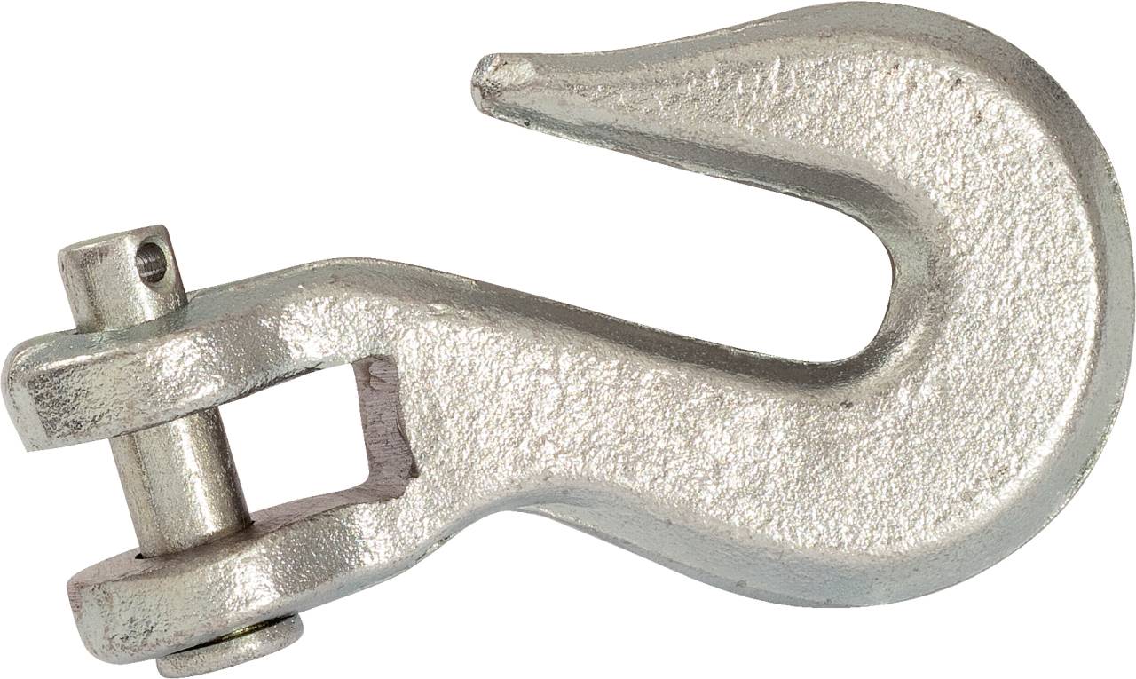 Metallhaken mit gebogener Spitze und rechteckiger Öffnung, geeignet für Hebevorgänge oder Befestigungen.