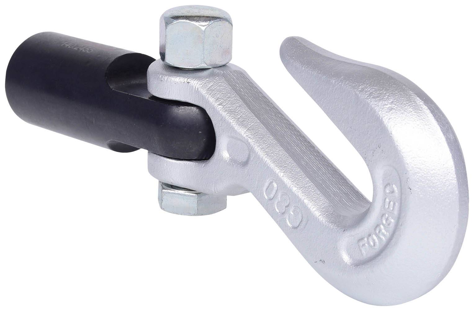 Ein silberner Haken mit Bolzen-Verbindungsstück aus Metall, geeignet für Schwerlastanwendungen.