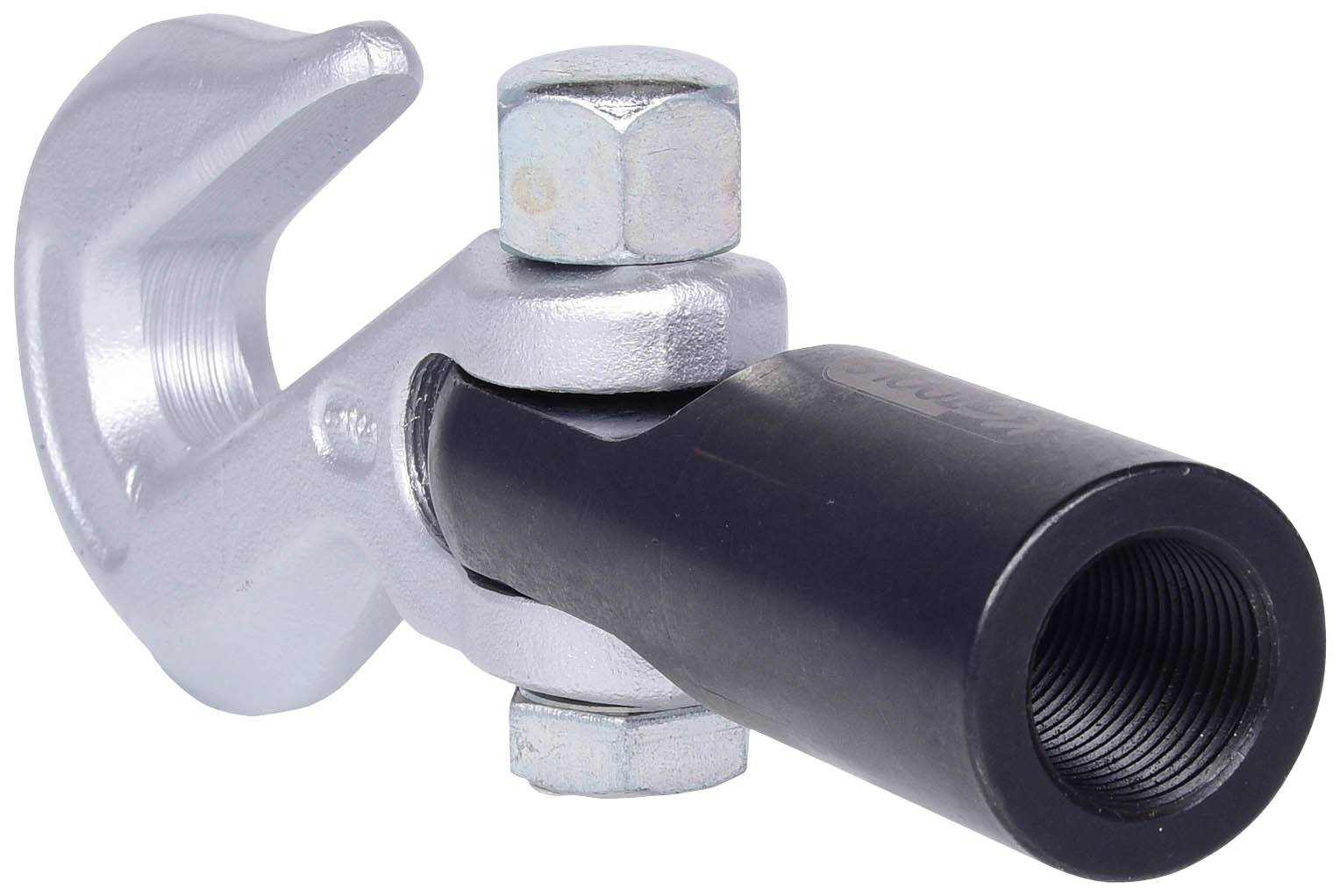 Ein silbernes Metallstück mit einem Haken und schwarzem zylindrischen Ende, verbunden durch Schrauben. Wahrscheinlich ein mechanisches Bauteil.