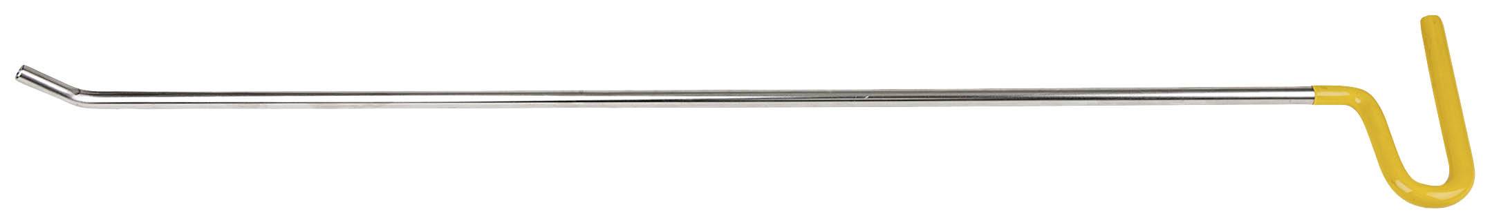 Ein langer, metallischer Nagel ohne Kopf mit einem gelben, hakenförmigen Ende. Eignet sich zur Anwendung als Bodensicherungsanker.