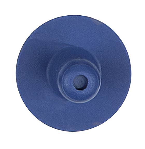 Blauer Plastikstopfen, zylindrisch, mit kleinem Loch in der Mitte, Draufsicht.