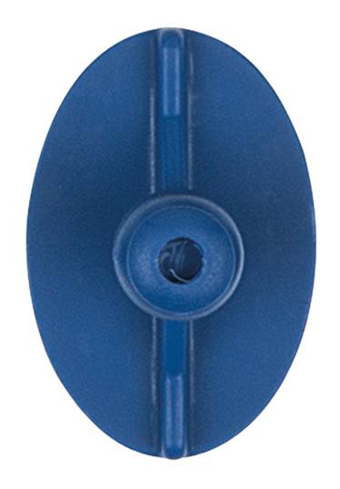 Ein ovaler, blauer Kunststoffknopf mit einer mittigen Öffnung und zwei parallelen Vertiefungen an der Oberfläche.