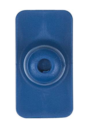 Blauer rechteckiger Knopf mit zentralem kreisförmigem Muster.