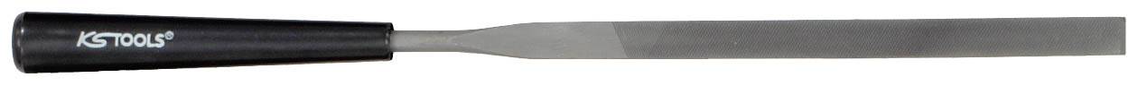 Ein flacher, schwarzer Handgriff mit langen, schmalen Metallblatt, wie ein Werkzeug oder Utensil.