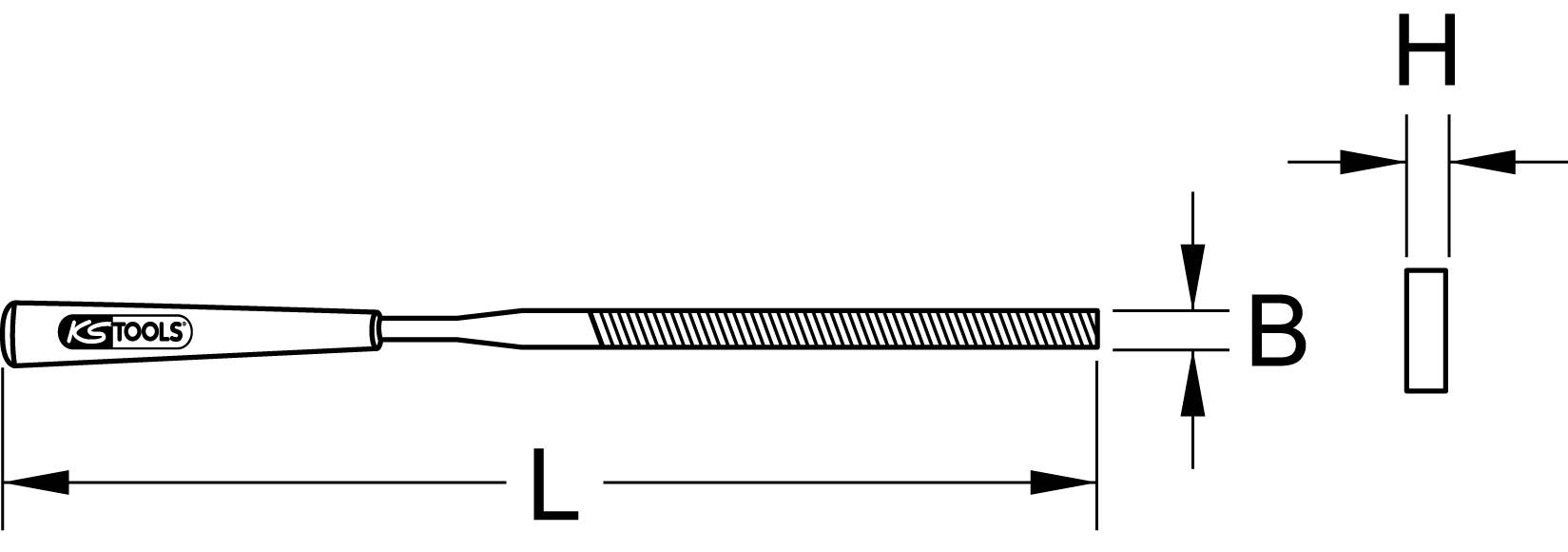 Technische Zeichnung einer Feile mit den Maßen B, L, H gekennzeichnet. Markenanwendung auf dem Griff.