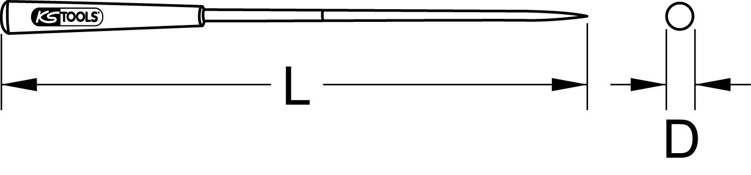 Diagramm einer spitzen Ahle mit 'KS Tools'-Logo. Zeigt Maße: Länge 'L', Durchmesser 'D'. Hauptkomponente: schlanke, spitze Metallnadel.