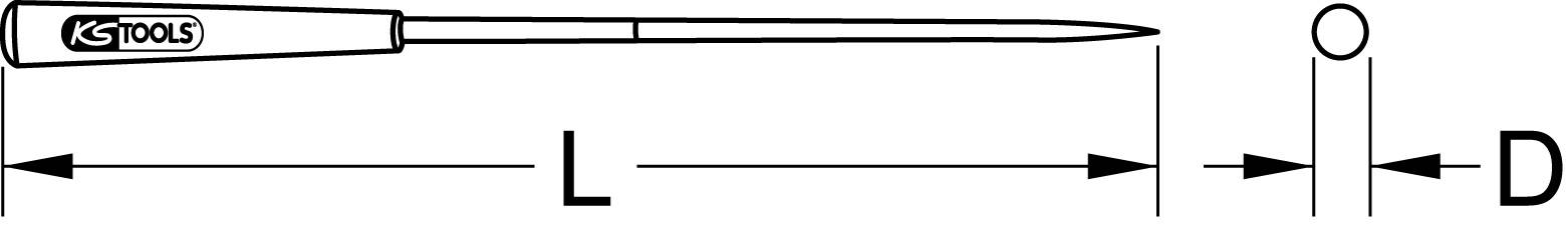 Illustration eines Schraubendrehers mit Markierung der Gesamtlänge L und des Durchmessers D der Klinge, Logo auf dem Griff.