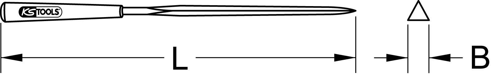 'KS TOOLS' Metallwerkzeug: Langer Schaft, dreieckige Spitze. Maße: L (Länge), B (Schaftbreite), Δ (Spitzenbreite).