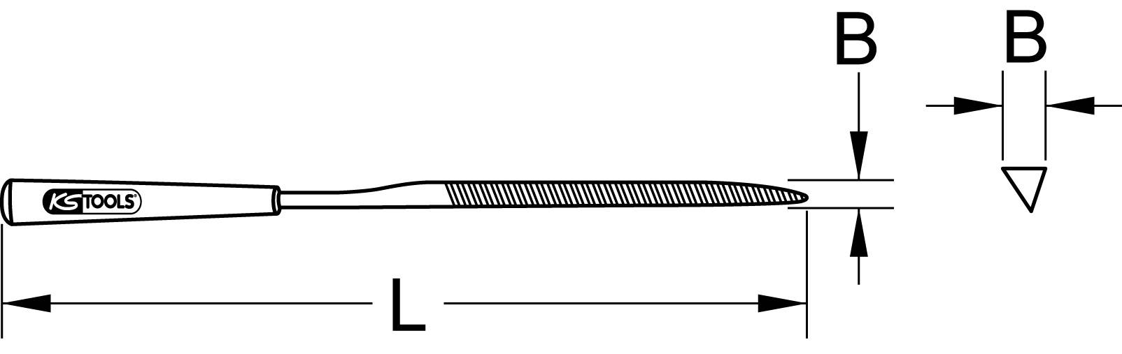 Illustration einer runden Feile mit Maßen L und B. Die Feile hat einen Griff mit dem Logo 'KS Tools'. Maße B am Ende der Feile markiert.