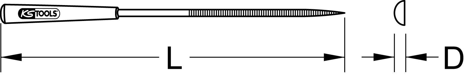 Zeichnung einer Feile mit einem runden Querschnitt. Beschriftung 'KS Tools'. Länge (L) und Durchmesser (D) sind markiert.