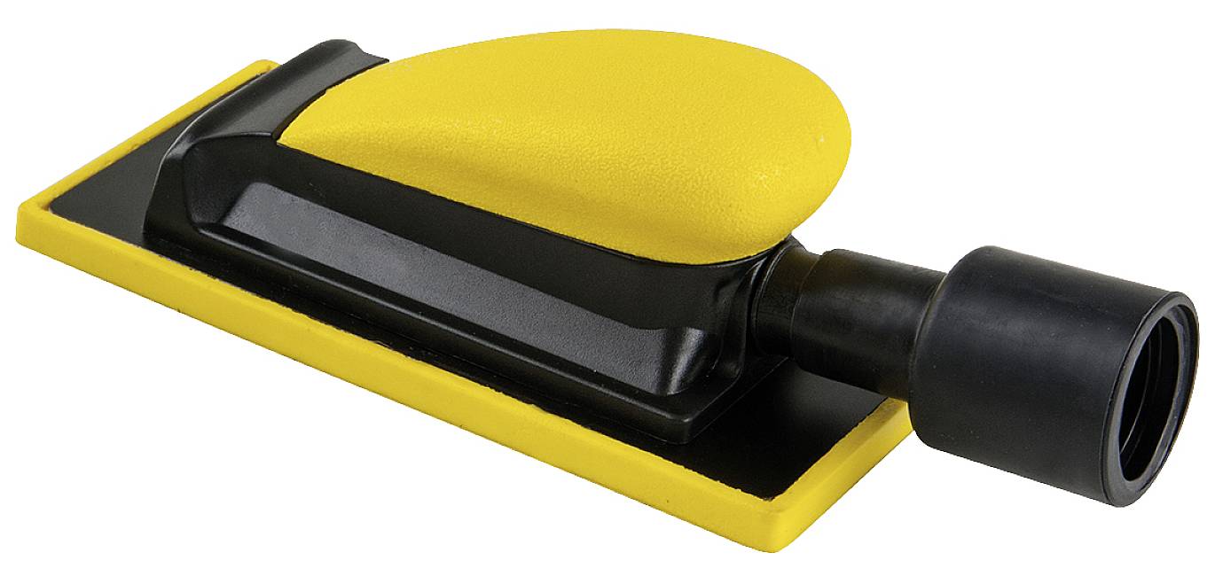 Ein gelber Handschleifblock mit schwarzem Griff und Anschluss für Absaugung. Ideal für manuelles Schleifen kleiner Flächen.