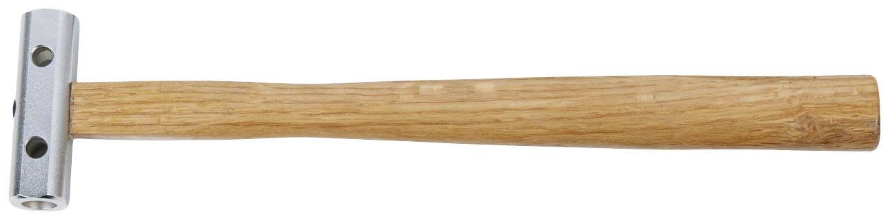 Holzhammer mit Metallkopf, waagerecht liegend.