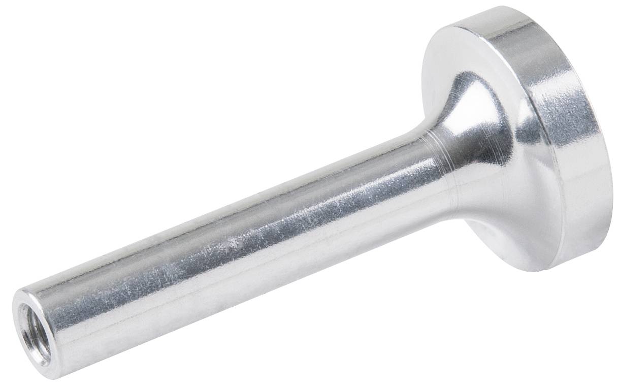 Metallischer Zylinder mit breitem Kopf, glatt poliert, verwendet als mechanisches Bauteil oder Verbindungselement.
