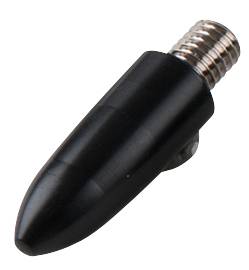 Schwarze Kunststoffspitze mit metallischem Schraubgewinde, möglicherweise ein Ersatzteil für ein technisches Gerät.