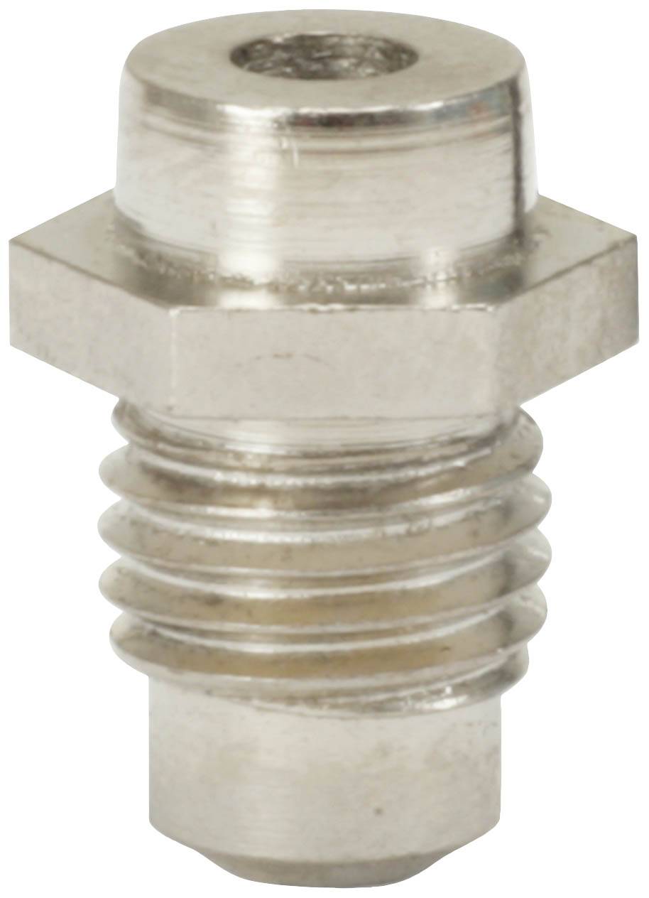 Metallteil mit sechseckigem Kopf und Gewinde, verwendet für Rohrverbindungen oder Befestigungen in mechanischen Anwendungen.