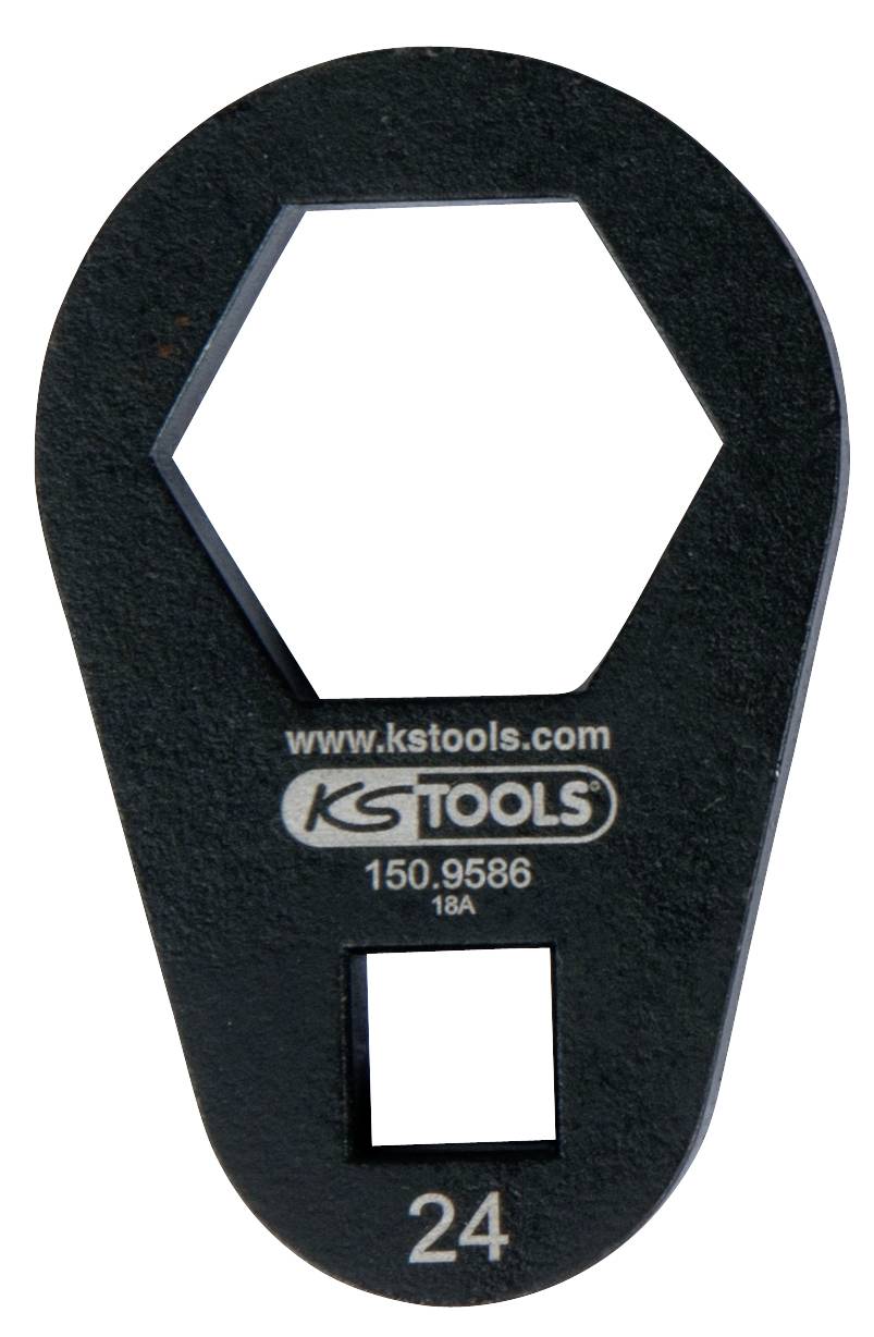 Schwarzes Werkzeug, ähnlich einem Ringschlüssel, mit einer sechskantigen Öffnung oben und einer quadratischen unten. Aufschrift: 'KsTools' und '24'.