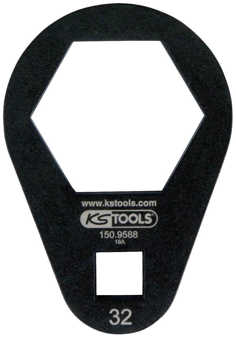 KS Tools Schlüssel 32 mm, Modellnummer 150.9588, schwarzes Metall, hexagonale Öffnung oben, quadratische Öffnung unten.