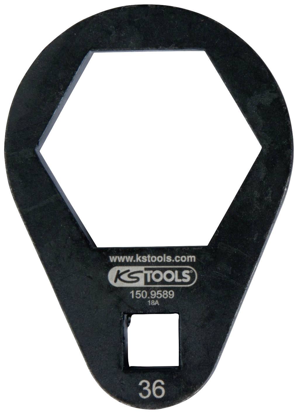 Ein sechseckiges Werkzeug von KS Tools, vermerkt mit '150.9589 18A', schwarzes Design, offene Mitte und quadratische Öffnung unten.