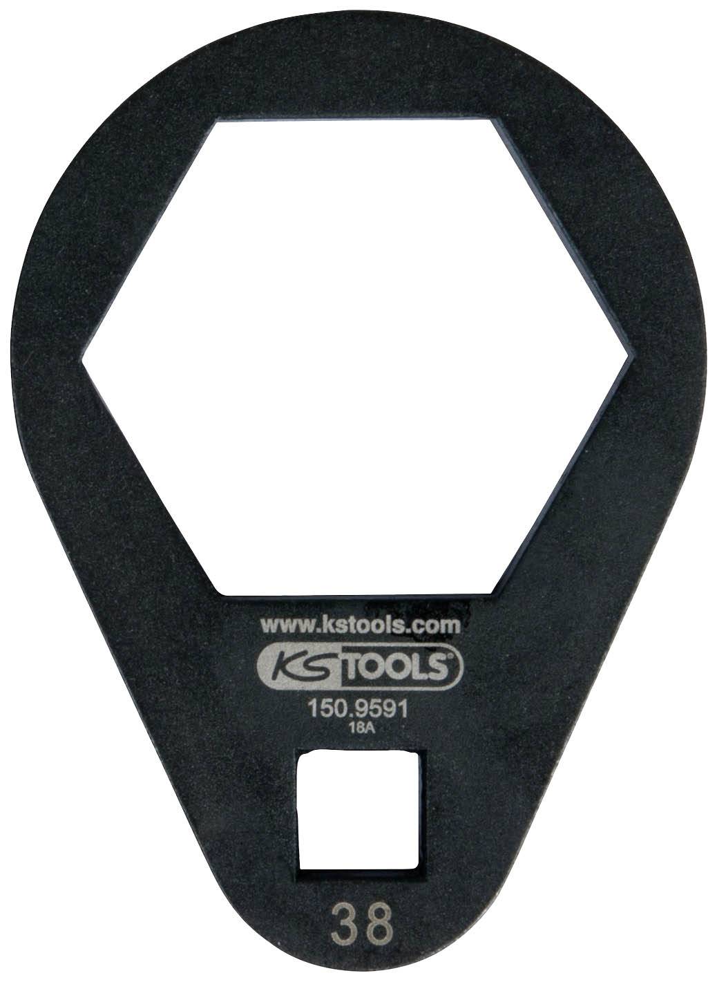 Ein schwarzer Steckschlüsseleinsatz mit sechseckiger Öffnung, Aufschrift 'www.kstools.com 150.9591 18A', Größe 38 mm.