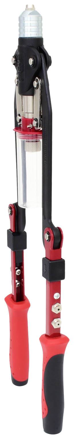 Handpresswerkzeug für Blindnieten mit rotem Griff und robustem Hebelmechanismus.