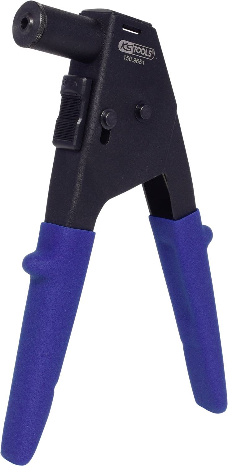 Handniete für Blindnieten mit blauen Griffen, schwarzer Körper, von KS Tools, Modellnummer 150.0057.