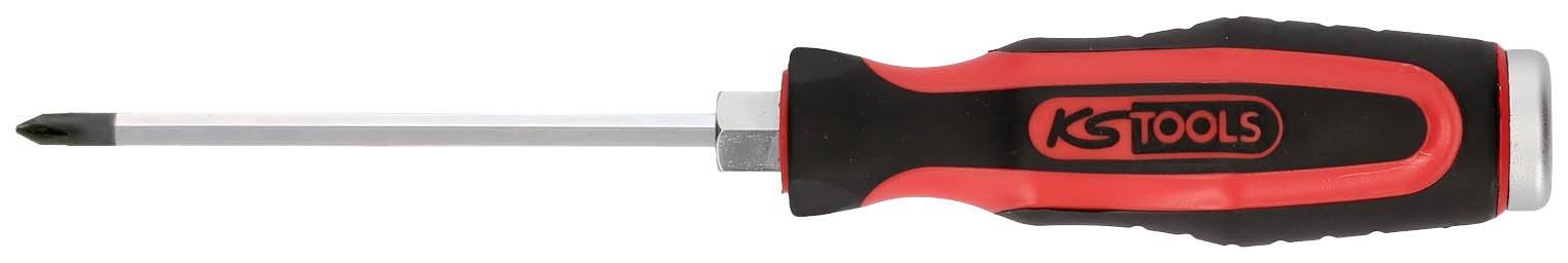 Kreuzschlitzschraubendreher mit schwarzem Griff und rotem Akzent, liegend auf einer weißen Oberfläche.