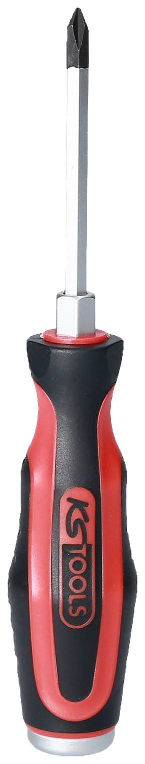 Ein Kreuzschlitzschraubendreher mit rotem und schwarzem Griff, vorne eine schmale Spitze, geeignet für Kreuzschlitz-Schraubenköpfe.