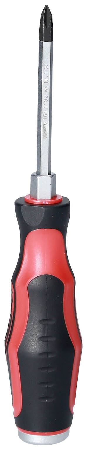 Ein Kreuzschlitzschraubendreher mit rotem und schwarzem Griff. Der Schaft ist gerade und metallisch, geeignet für Kreuzschlitzschrauben.