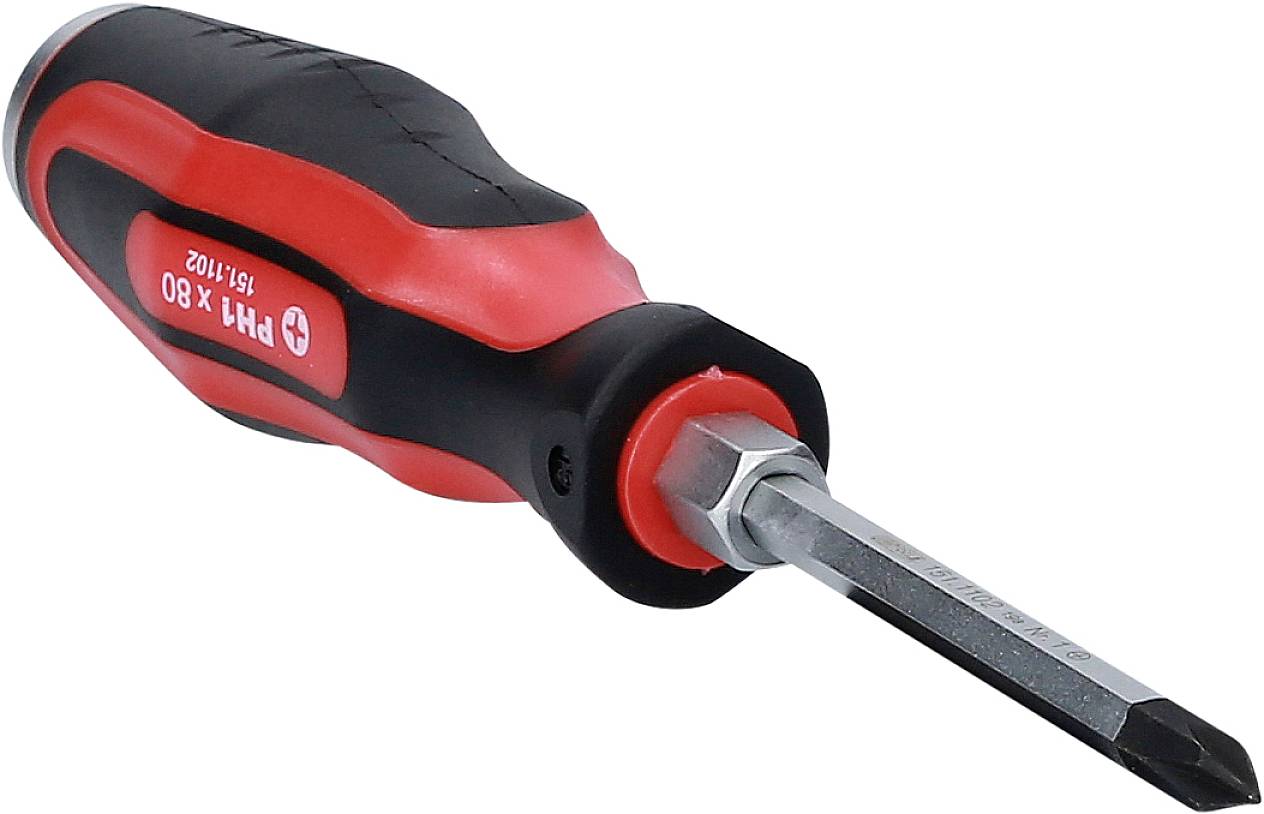 Ein roter Schraubendreher mit ergonomischem Griff und Kreuzschlitzspitze, geeignet für das Anziehen von Schrauben.