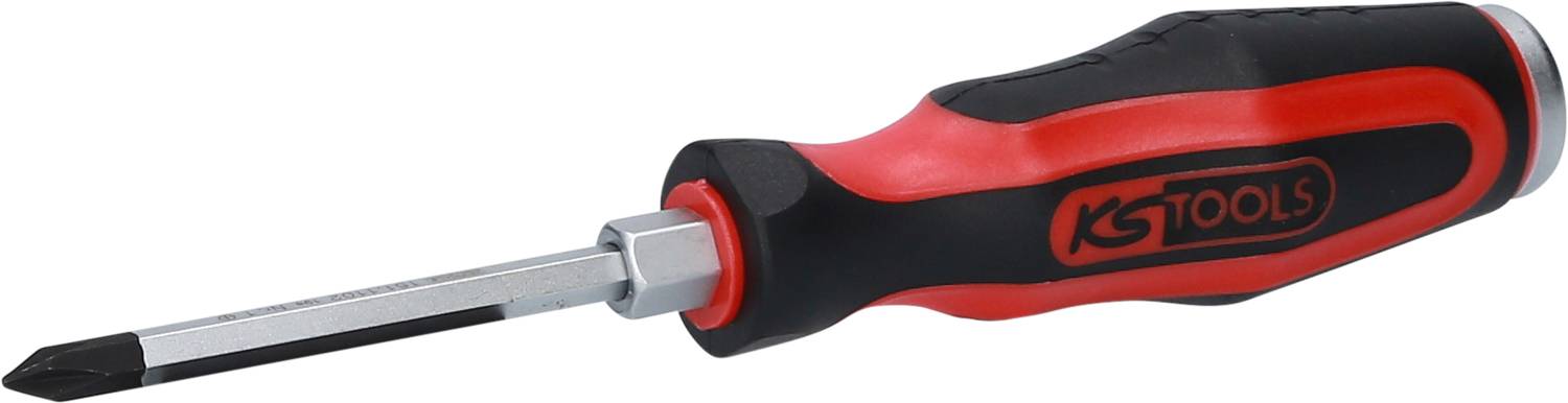 Schraubendreher mit schwarzem und rotem Griff. Klingenart: Kreuzschlitz. Marke: KS Tools.