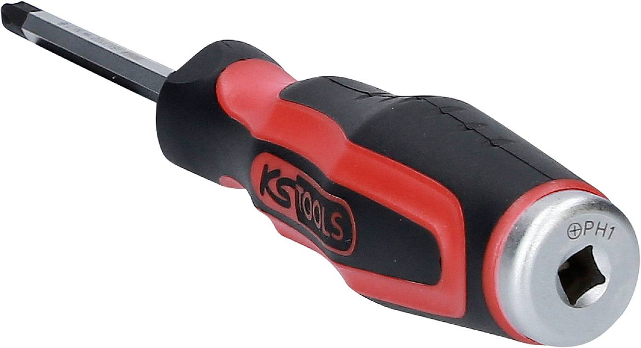 Ein Schraubendreher mit schwarzem Griff und rotem Akzent, markiert mit 'KG Tools' und 'PH1'.