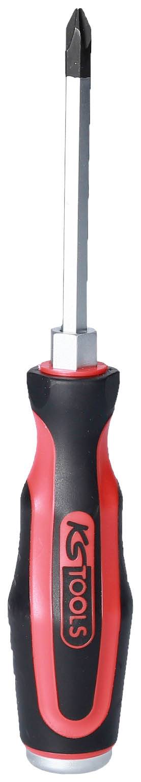 Kreuzschlitzschraubendreher mit rotem und schwarzem Griff, geeignet für verschiedene Schraubaufgaben.