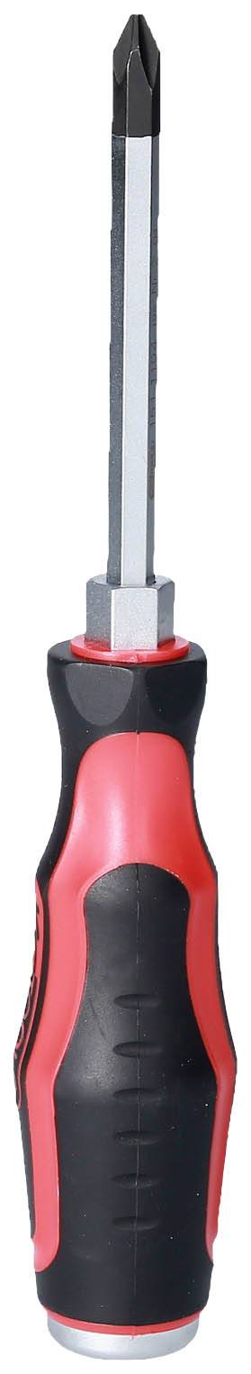 Kreuzschlitzschraubendreher mit rotem und schwarzem Griff, aus Metall, in einer vertikalen Ansicht. Geeignet für Kreuzschlitzschrauben.