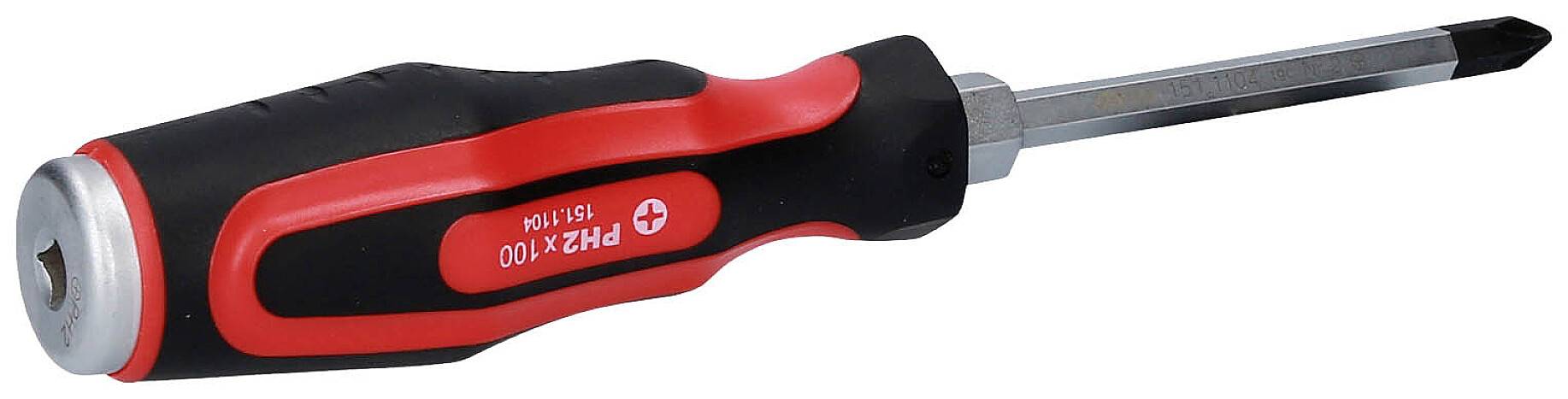 Schraubendreher mit schwarzem und rotem Griff. Spitze ist ein Kreuzschlitz. Geeignet für Standard-Schraubenarten.