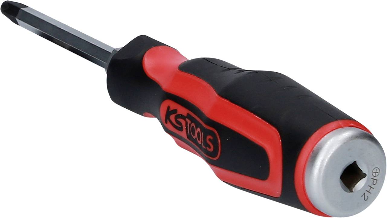Kreuzschlitz-Schraubendreher mit rotem und schwarzem Griff auf weißem Hintergrund, geeignet für PH2-Schrauben.