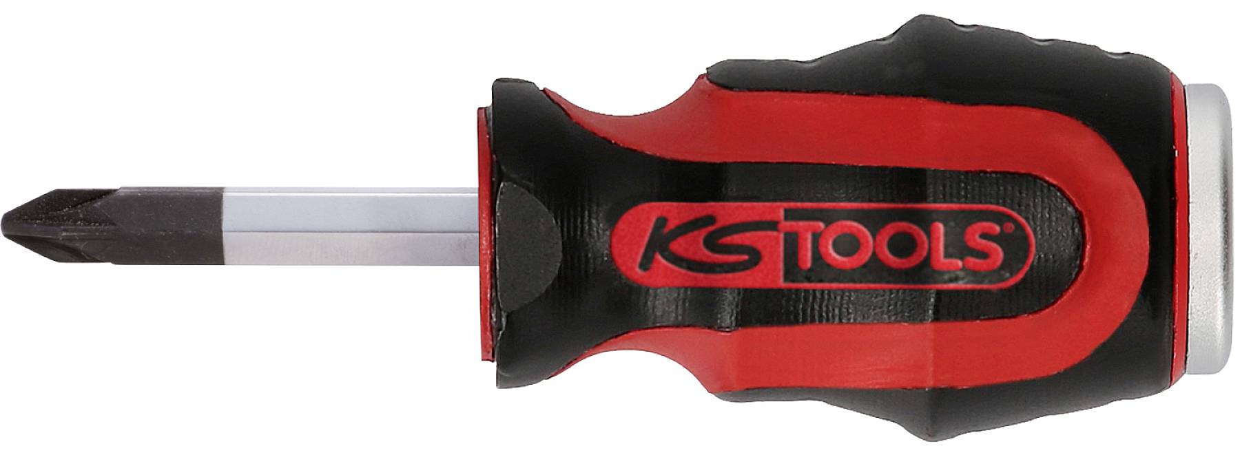Ein schwarzer Schraubendreher mit rotem Griff und der Aufschrift 'KS Tools' seitlich am Griff.