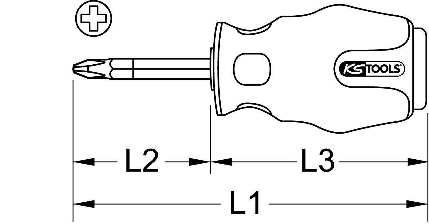 Illustration eines Schraubenziehers mit Kreuzschlitzspitze. Beschriftungen zeigen Maße: L1, L2, L3. Herstellerlogo auf Griff.