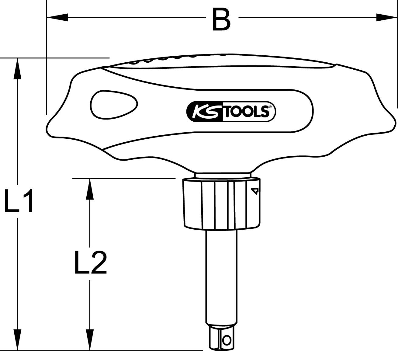 T-Griff-Schlüssel mit KS Tools-Logo. Zeigt Maße: Gesamtlänge B, Griffhöhe L1, Schaftlänge L2.