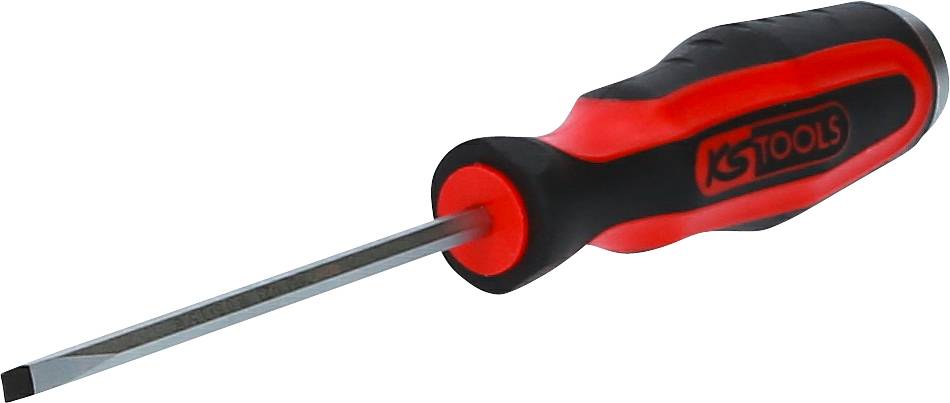 Schraubendreher mit rotem und schwarzem Griff, flacher Klinge. Markenname 'KS Tools' auf dem Griff.